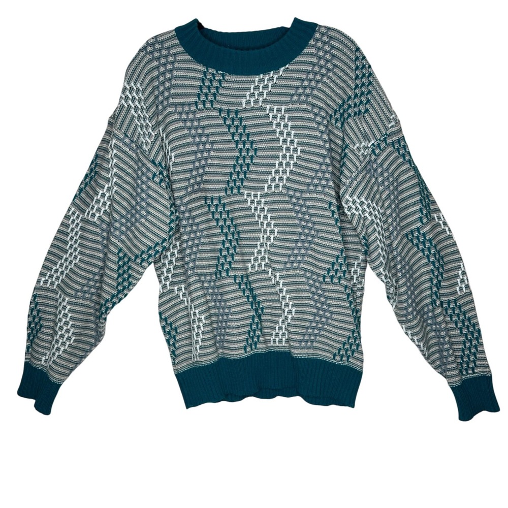 VTG New Castle Men's L‎ Teal Gray White Geometric Knit Sweater Grandpacore